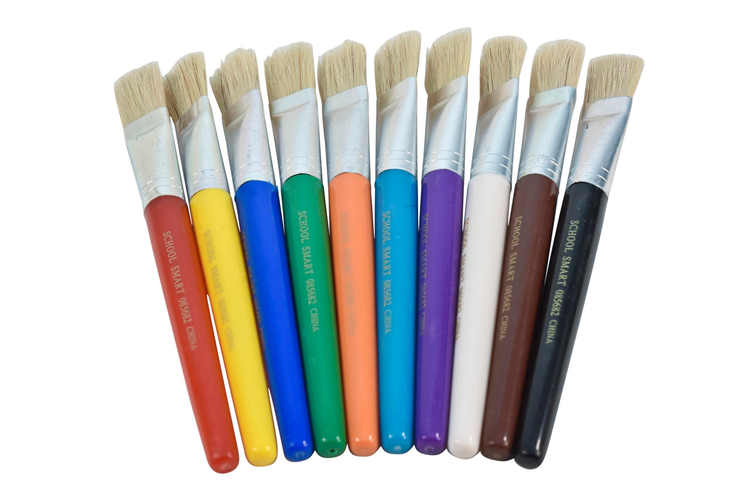 School Smart Chubby Paint Brushes, Flat Tip with Hog Bristles, 7-1/2 Inches, Assorted Colors, Set of 10 085682
